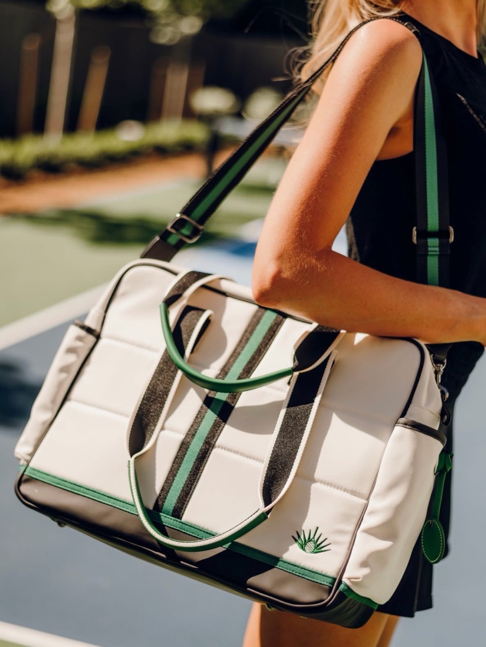 Whiteand Green Quilted Weekender Bag with Green Trim Trelle Dobel US Open Tennis